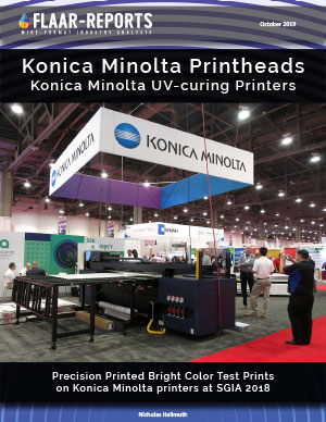 Konica-Minolta-Printheads-UV-Curing-Printheads-Precision-Printed-Bright-Color-Test-Prints-on-Konica-Minolta-printers-at-SGIA-2018-Hellmuth-FLAAR